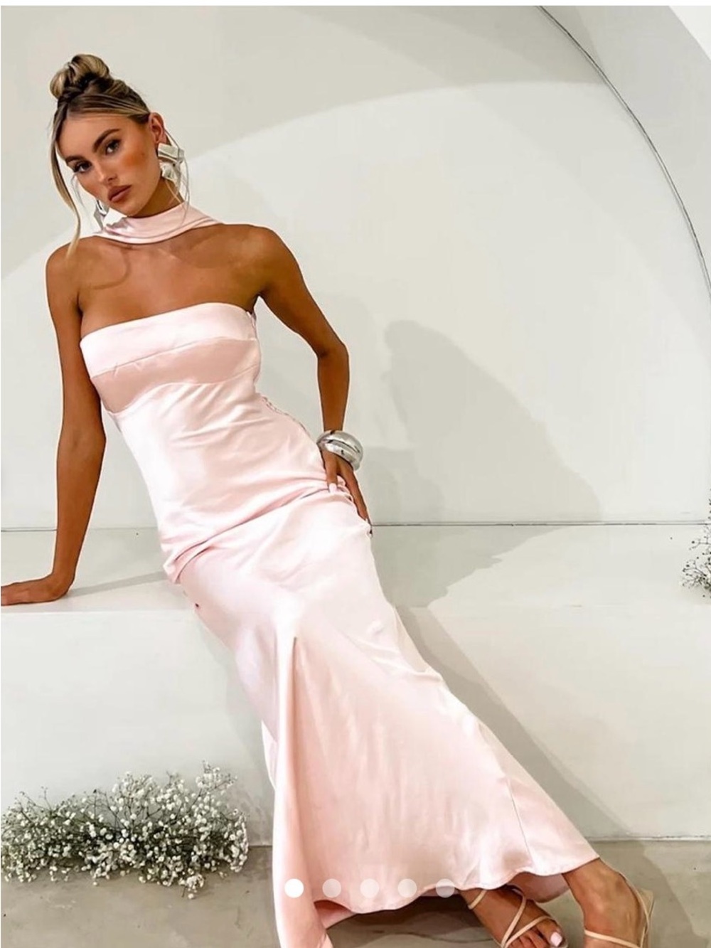 Selfie Leslie Strapless Satin Maxi Dress in Light Pink
